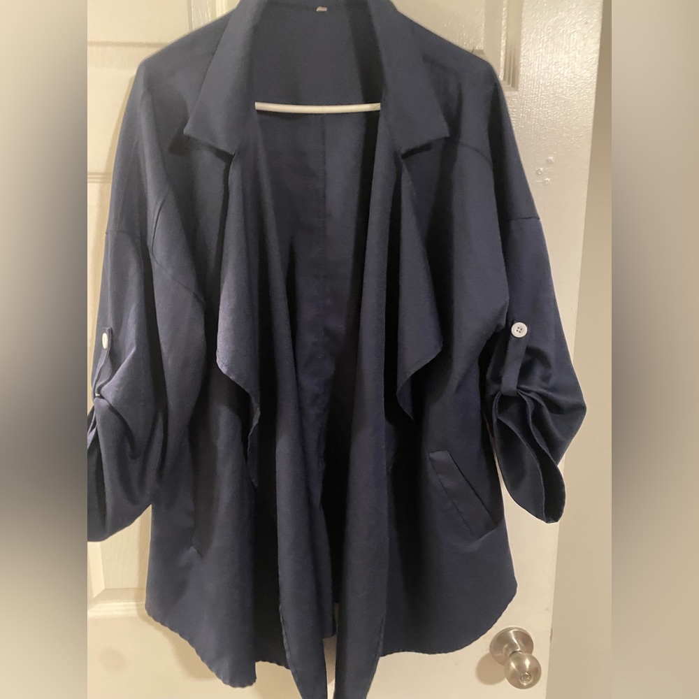 Navy Blue Jacket with white button detail on sleeves with faux pockets Size 4XL
